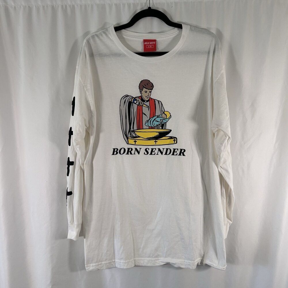 Nelk Boys Shirt Men's Large White Born Sender Print Long Sleeve Crew Neck Cotton